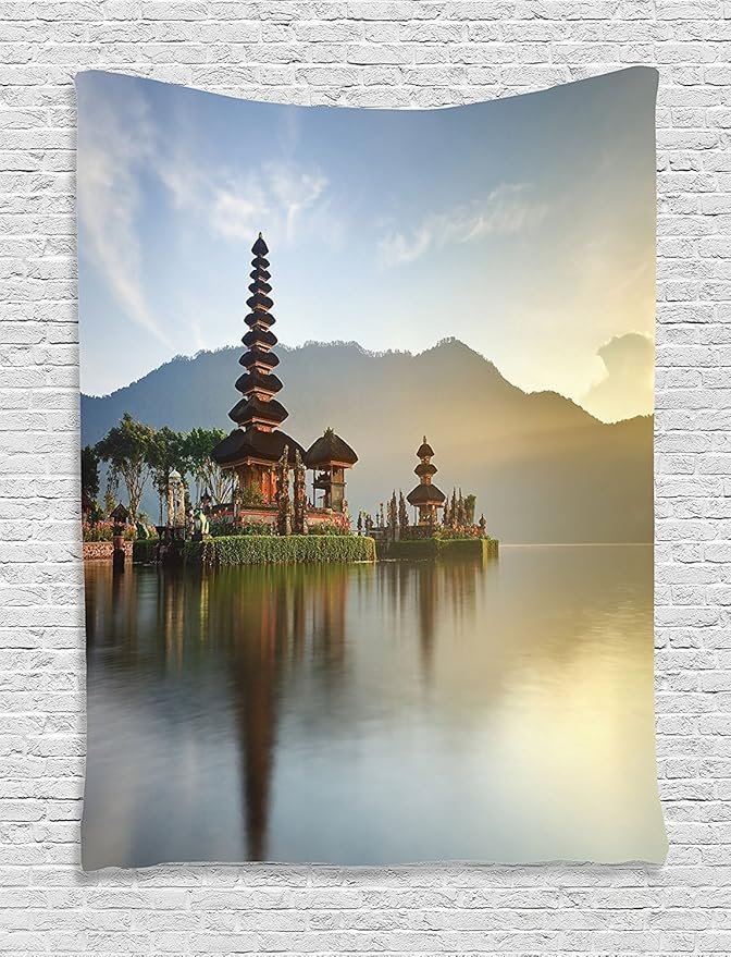 Ambesonne Balinese Tapestry, Pura Ulun Danu Building Panorama Sunrise on Lake Bratan Bali Indonesia Waterscape, Wall Hanging for Bedroom Living Room Dorm Decor, 60" X 80", Beige Brown