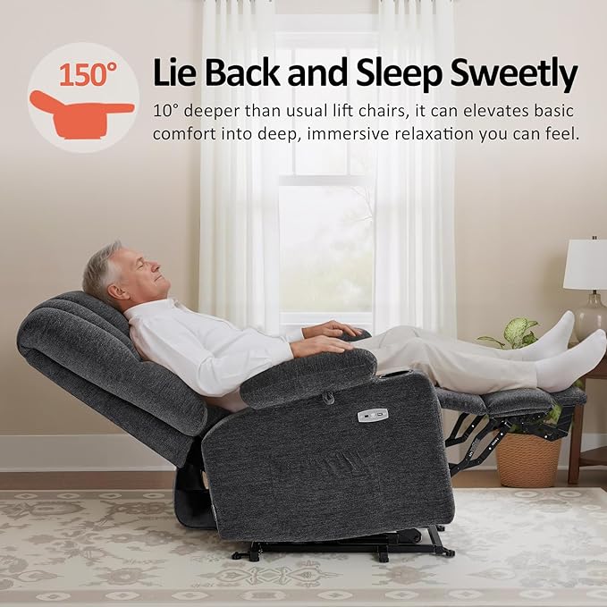 MCombo Large Power Lift Recliner Chair for Elderly, Lift Chair with Heat and Massage, 3 Positions, USB Charge Ports, Cup Holders, Fabric 7099 (Large, Dark Grey)