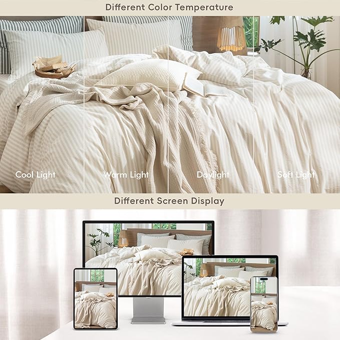 MooMee Striped Duvet Cover Set 100% Washed Cotton Linen Like Textured Breathable Durable Soft Comfy (Almond Milk Grey Classic Stripes, Oversized King Plus 128"x120")