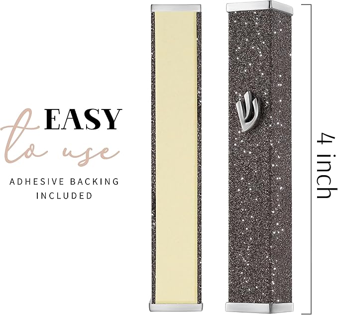 SURI Jewish Door Mezuzah – 3.8 Inch Sparkling Dark Aluminum Mezuza Holder with Printed Scroll, for Indoor or Outdoor Entry, Fits a 3 Inch Scroll, Self-Stick Adhesive