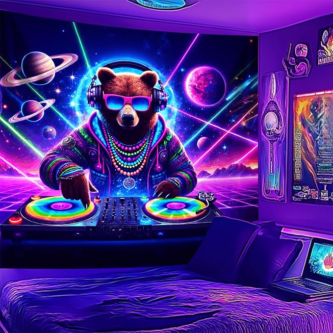 NYZE Brown Bear Tapestry for Bedroom, Music Wall Tapestry, Party Decor Glow in the Dark Room Decor Tapestries, Cool Galaxy Planet Wall Hanging, Wall Hanging for Room Dorm 59in×51in