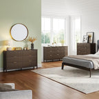 LINSY Fluted Dresser for Bedroom with 5 Drawers, Mid Century Modern Chest of Drawers with Gold Metal Handles, Tall Boho Wood Dressers, Large Farmhouse Storage Cabinet for Bedroom, Living Room, Walnut