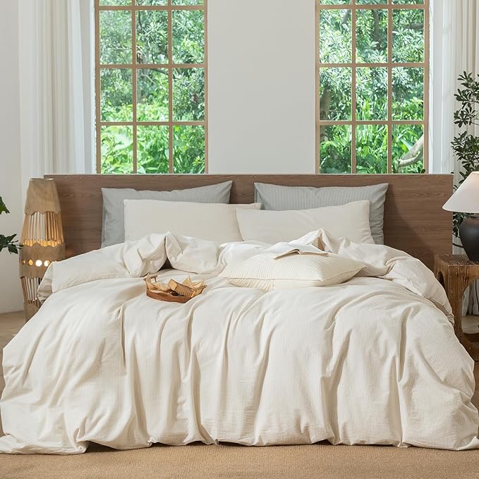 MooMee Striped Duvet Cover Set 100% Washed Cotton Linen Like Textured Breathable Durable Soft Comfy (Almond Milk Grey Pinstripes, Oversized King Plus 128"x120")
