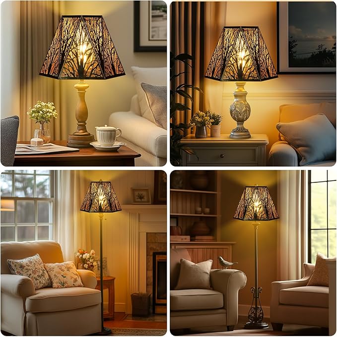 Etched Metal Lampshade, Hexagonal Lamp Shade with Antique Bronze Exterior&Gold-plated Interior, 7" Top x 13.8" Bottom x 9.5" Height, Spider Fitter