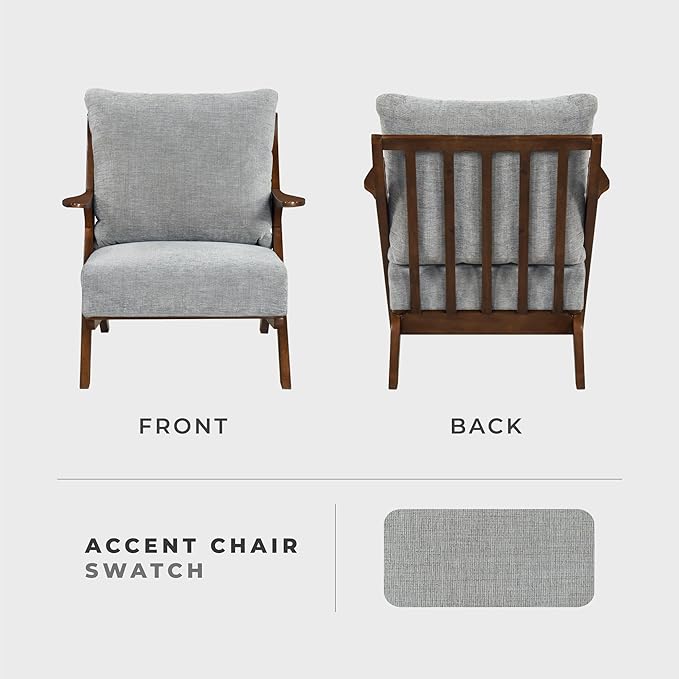Lexicon Mid Century Modern Accent Chair, Pascal Brown Solid Rubberwood Frame, Reversible Back Cushion, Woven Chenille Upholstered Reading Chair, for Living Room/Bedroom/Office, Grey