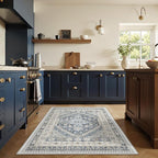 3x5 Washable Area Rug for Entryway, Kitchen Rugs Non Slip for Dining Room, Vintage Floral Soft Living Room Rug, Thin Area Rug Indoor for Bedroom, Kids Room Decor(Blue/Beige,3'x5')