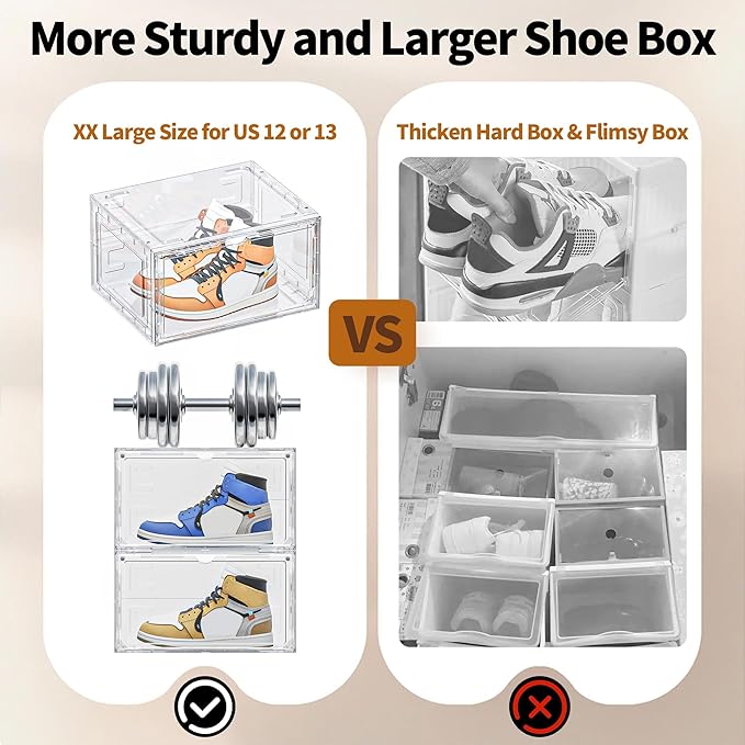 8 Pack XX Large Shoe Organizer, Heavy-Duty Hard Thicken Plastic Clear Stackable Shoe Storage Box Organizer for Closet, Space-Saving Shoe Rack Display Case Bin Containers for Sneakers, Clear