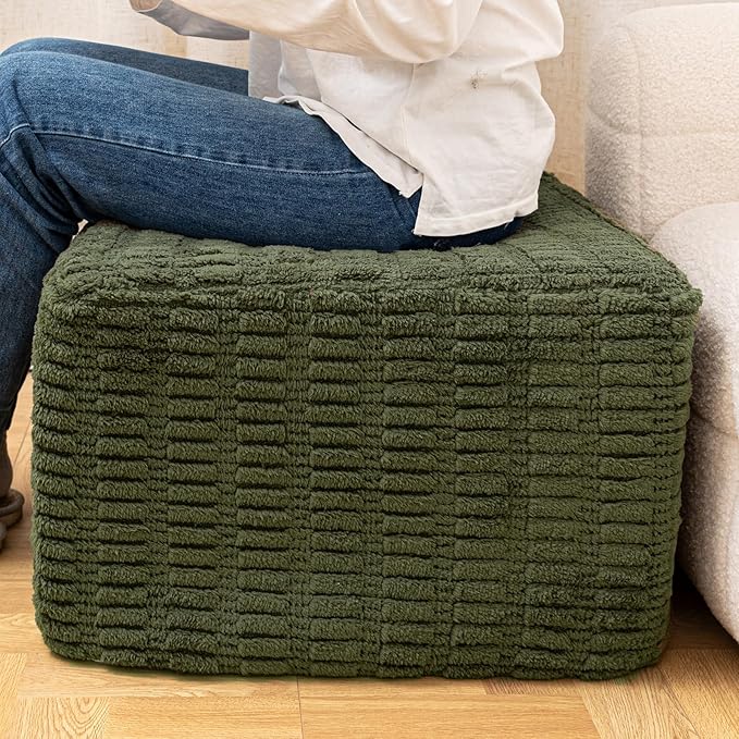 20x20x14 Inches Fluffy Square Pouf Ottoman - Plush Furry Ottoman Foot Rest Stool with High-Density Foam, Versatile Floor Seating for Living Room (Green)