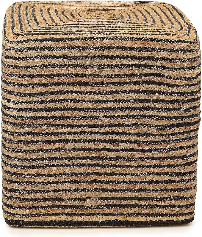 REDEARTH · Cube Pouf Foot Stool Ottoman - Jute Braided Pouffe Poof Accent Sitting Footrest for The Living Room, Bedroom, Nursery, Lounge 50% Jute 50% Cotton Set of 2 (14.5”X14.5”X16”; Natural Black)