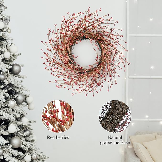 Spring Front Door Wreath - 18 Inch Artificial Twig Wreath with Red & Burgundy Berries, Eucalyptus Leaves, Grapevine for Farmhouse Window Hanging Christmas Decor