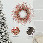 Spring Front Door Wreath - 18 Inch Artificial Twig Wreath with Red & Burgundy Berries, Eucalyptus Leaves, Grapevine for Farmhouse Window Hanging Christmas Decor