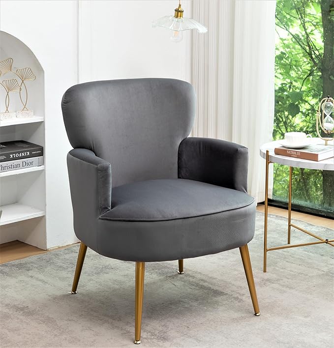 Trendy Velvet Accent Chair with Gold Metal Legs, Upholstered Armchair for Small to Mid-Size Spaces, Modern Living Room, Bedroom, Vanity Desk and Entryway, Grey
