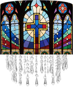 Cross Stained Glass Lamp Shade with Acrylic Bead Droplets, Drum Fabric Light Shade for Ceiling Pendant Table & Floor Lamps, Religious Christian Jesus Prayer Gift, 11.8in
