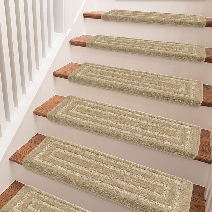 PURE ERA Bullnose Carpet Stair Treads Set Tape Free Non-Slip Indoor Stair Protectors Pet Friendly Rugs 9.5" x 30"(14 Pieces,Khaki Rectangular)