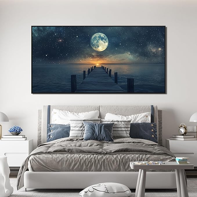 Canvas Wall Art Decor Large Framed Wall Art Prints Wall Art Pictures for Living Room Canvas Art Wall Decor Landscape Coastal Wall Art Star Moon Artwork for Walls Home Office Aesthetic Decor 29" x 58"