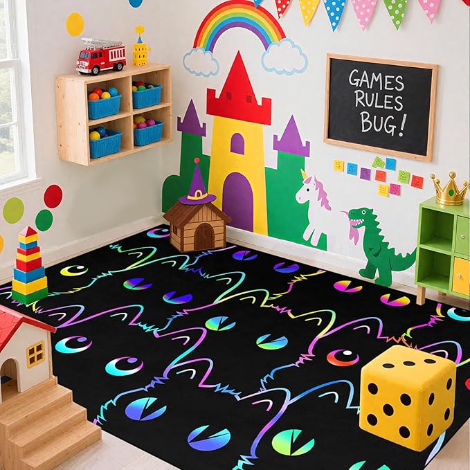 Black Cat Rug for Bedroom, Kids Cat Carpet for Girls Room Decor, Funny Cats Rugs Room Decor Playroom Cute Cats Themed Kids Area Rug Washable Non Slip Childrens Bedroom Mat 3x5 Feet