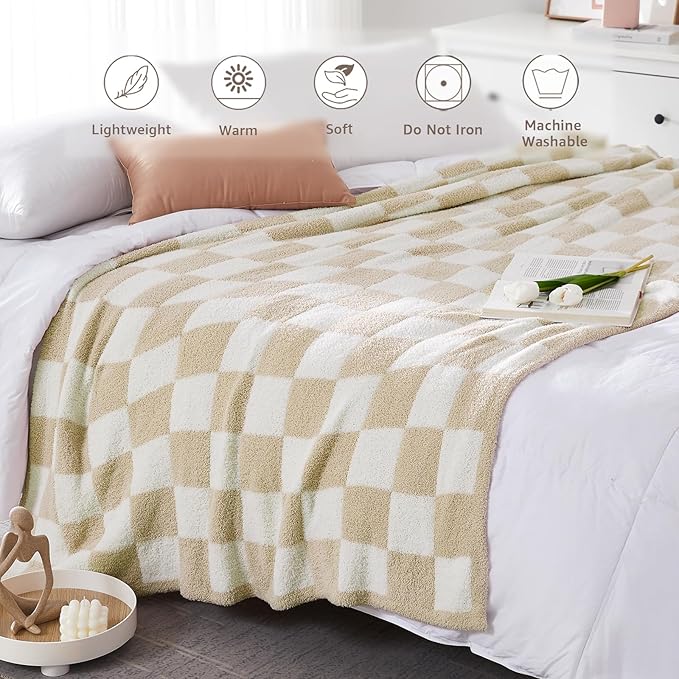 WRENSONGE Checkered Throw Blanket, Beige Soft Cozy Fluffy Warm Hand Made Throw Blankets for Couch, Sofa, Chair, Bed, Camping, Picnic, Travel Lightweight Bed Blanket - 60"*80"