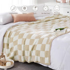 WRENSONGE Checkered Throw Blanket, Beige Soft Cozy Fluffy Warm Hand Made Throw Blankets for Couch, Sofa, Chair, Bed, Camping, Picnic, Travel Lightweight Bed Blanket - 60"*80"