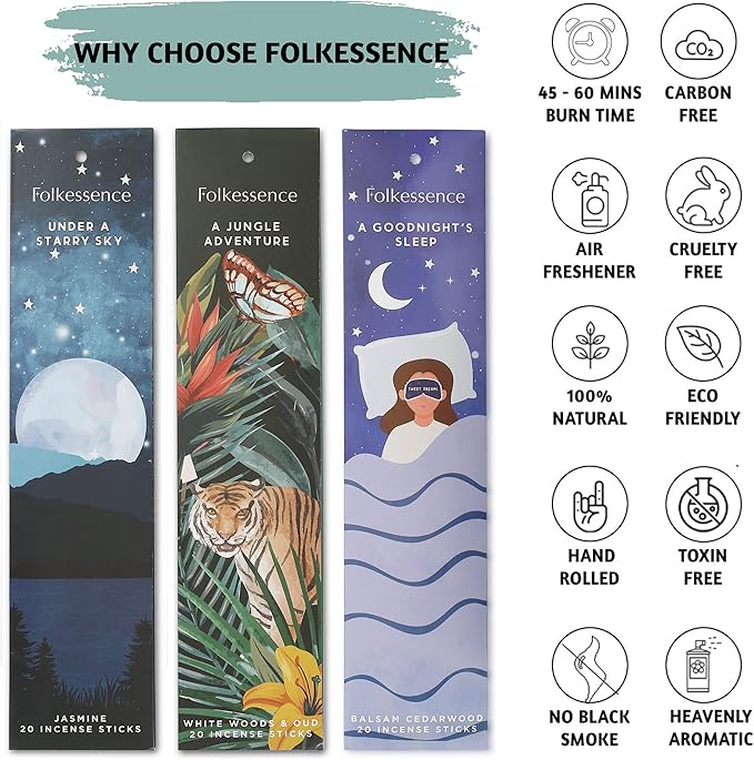 Folkulture Incense Sticks (120 Sticks) | Set of 6 Premium Incense For Focus on Work, Aromatherapy, Gifts | No Charcoal,Organic, Non Toxic, 45 Mins, Long Burning Oud, Jasmine, Peppermint Insence-Sticks
