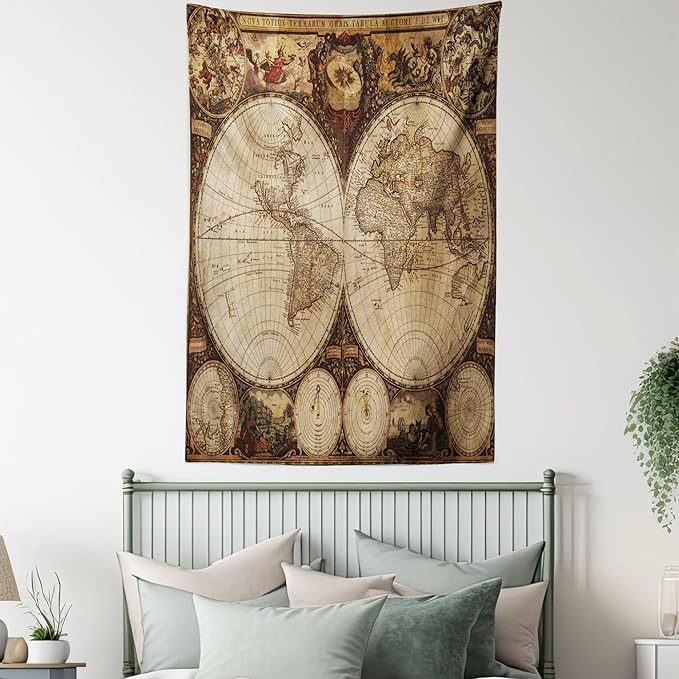 Ambesonne World Map Tapestry King Size, Old World Map Drawn in 1720s Nostalgic Style Art Historical Atlas Vintage Design, Wall Hanging Bedspread Bed Cover Wall Decor, 30" X 45", Multicolor