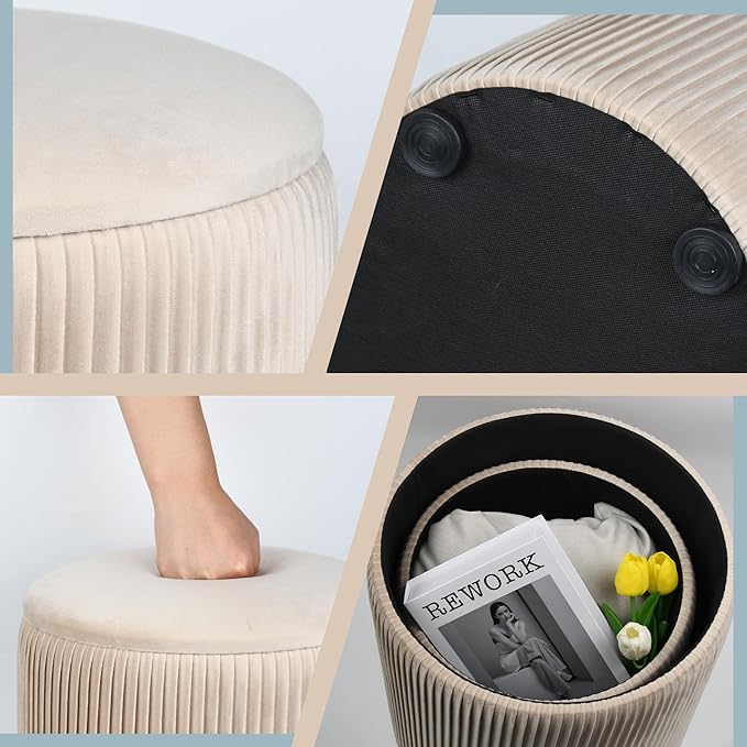 Round Ottoman with Storage Set of 2, Multi-Functional Velvet Vanity Stool for Bedroom, Ottomans Coffee Table Padded Seat Foot Rest for Living Room (Beige)