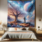 Ambesonne Space Tapestry Queen Size, Lonely Astronaut in a Surreal Planet Pastel Celestial Forms Dried Tree, Wall Hanging Bedspread Bed Cover Wall Decor, 88" X 88", Blue Pale Orange Mauve