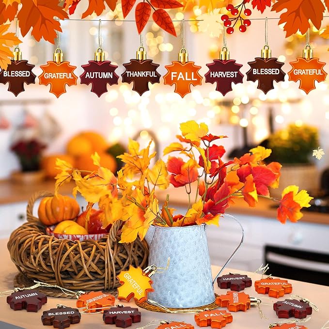 JULMELON 24Pcs Fall Thanksgiving Maple Leaf Ornaments Maple Leaves Tree Decorations Autumn Harvest Hanging Ornaments with Rope Maple Pendant for Farmhouse Rustic Party Favors Craft Supplies