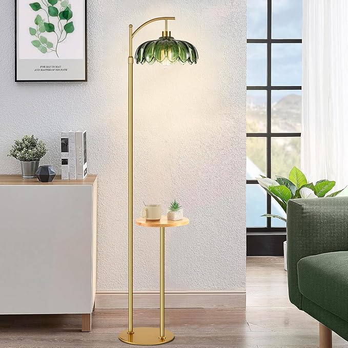 Glass Floor Lamp with Table and Shelves for Living Room Bedroom,Gold Standing Lamp with Remote Dimmable,Boho Brass Tall Lamp Vintage Farmhouse Arc Green Flower Floor Light Bohemian
