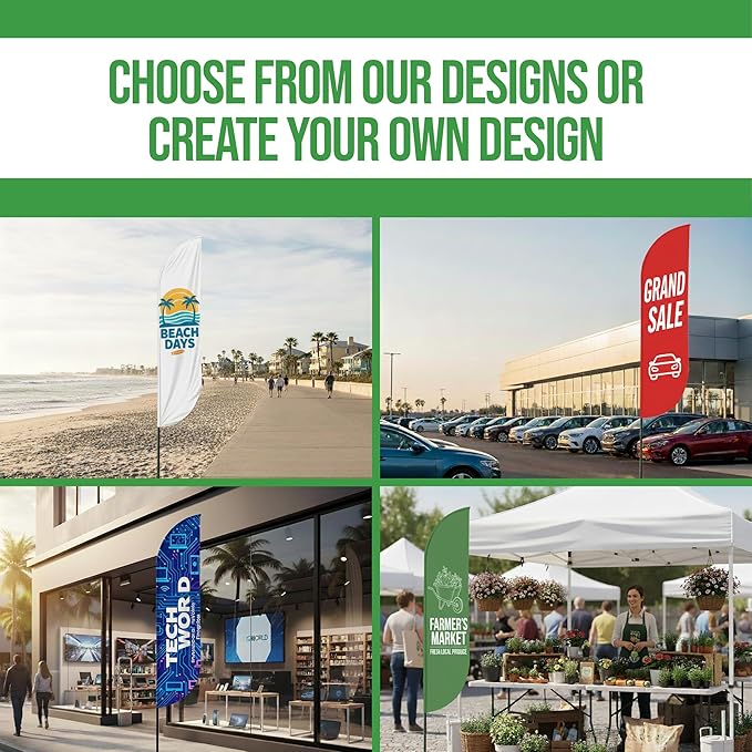 Custom Feather Flag(11.5x2.5FT) by BCB Print for Business Outdoor | Optional 15 FT Pole & Ground Spike | DIY Swooper Flag Banner | HD Printed Custom Sign | Express Dispatch & Ship | Made in USA