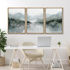 MUDECOR Framed Wall Art Print Set Misty Mountain Lake Watercolor Serene Illustrations Modern Art Boho Decorative Colorful Chic for Living Room, Bedroom, Office - 24"x36"x3 Natural