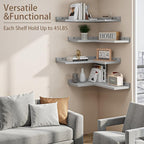 4 Tier Floating Corner Shelves Grey Set of 4, Rustic Pine Wooden Floating Corner Wall Shelf for Wall Décor Storage, L Shaped Corner Shelf Wall Mount for Bedroom, Living Room, Bathroom, Kitchen.
