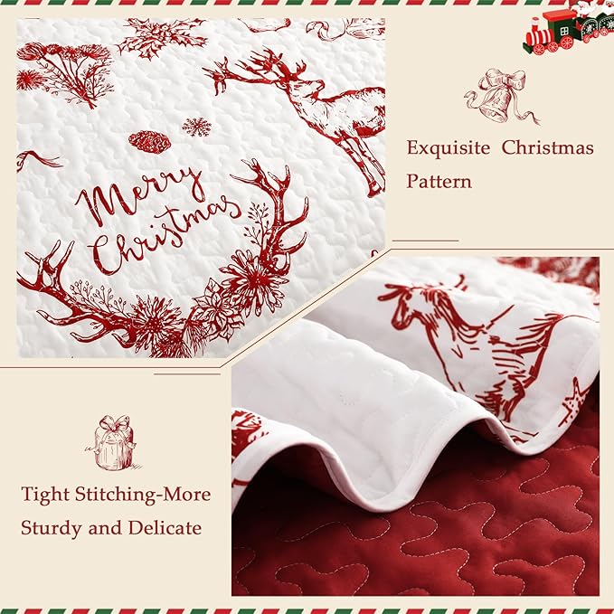 Exclusivo Mezcla Reversible Christmas Quilts Twin Size, Red Bedspread Lightweight Coverlet Winter Quilt Bedding Set with Printed Trees Reindeer Wreaths Pattern (1 Quilt, 1 Pillow Sham)