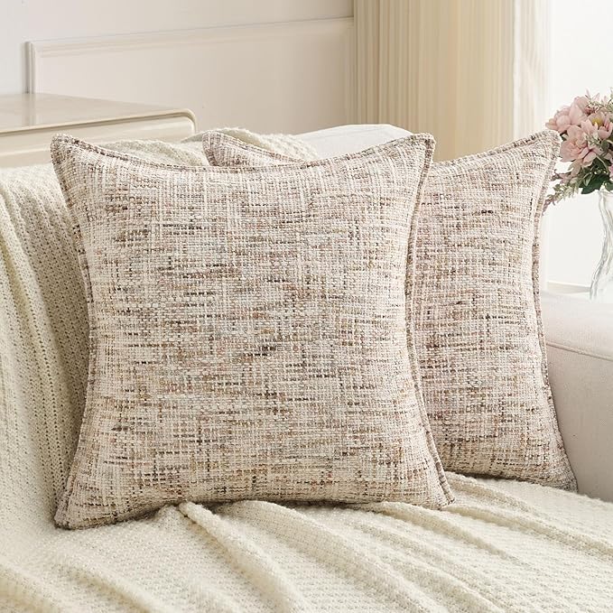 FUTEI Beige Brown Decorative Throw Pillow Covers 20x20 Inch Set of 2,Soft Chenille Tweed Textured Cushion Case,Modern Home Decor for Couch Bed Living Room