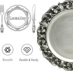 13" Antique Silver Charger Plates, Set of 6 Plastic Textured Chargers for Dinner Plates with Embossed Rim, Table Décor, Party, Wedding, Holiday