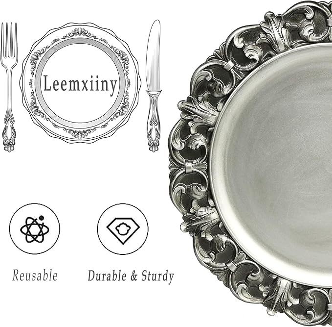13" Antique Silver Charger Plates, Set of 6 Plastic Textured Chargers for Dinner Plates with Embossed Rim, Table Décor, Party, Wedding, Holiday