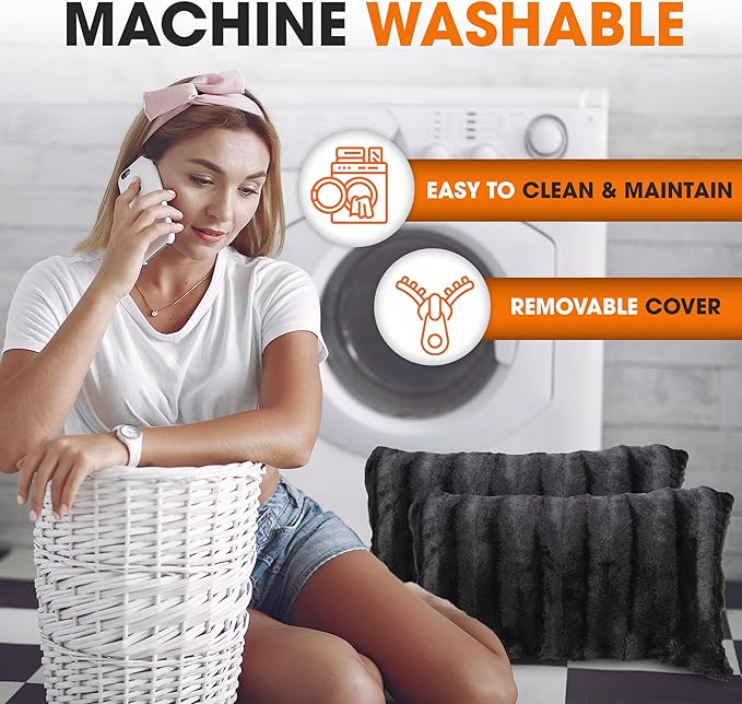 Cheer Collection Faux Fur Throw Pillows - Decorative Pillows for Couch, Bed Throw Pillows, Black Accent Pillows for Bedroom or Living Room Aesthetic, Set of 2 Furry Throw Pillows, 12" x 20"