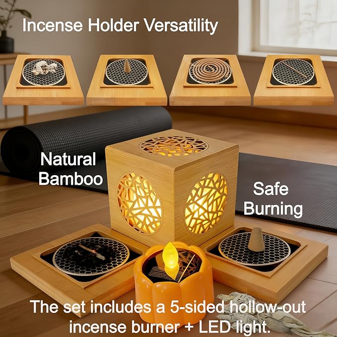Bamboo Incense Burner & Sage Holder, Multi-Use Incense Holder with Solar & Flameless Candles, Solar LED Ambient/Mood Light, Solar Candle Lights, LED Night Light Bedside Lamp, 8-12H Charging