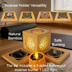 Bamboo Incense Burner & Sage Holder, Multi-Use Incense Holder with Solar & Flameless Candles, Solar LED Ambient/Mood Light, Solar Candle Lights, LED Night Light Bedside Lamp, 8-12H Charging