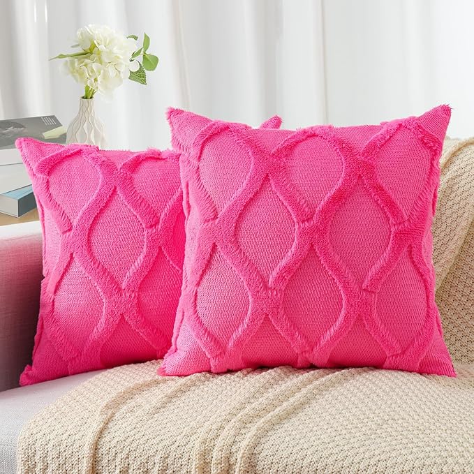 decorUhome Spring Euro Sham Throw Pillow Covers 22x22 Inch Set of 2, Soft Plush Faux Fur Wool Hot Pink Couch Pillow Covers, Decorative Neutral Pillow Cases for Bed Sofa Living Room Valentines Decor