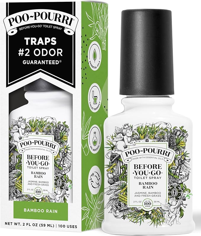 Poo-Pourri Before-You-Go Toilet Spray, Bamboo Rain, 2 Fl Oz, Up to 100 Uses, Bathroom Odor Deodorizer with Essential Oils for Home or Work, Travel Essentials, TSA Approved Size, Bamboo & Fresh Grass