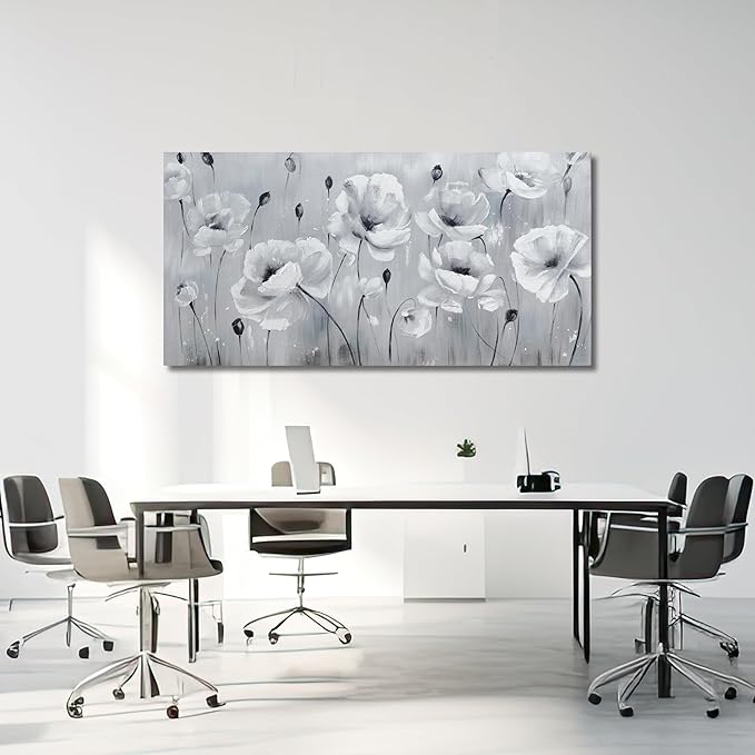 Belmrxne Floral Wall Art Grey and White Wall Decor Aesthetic Canvas Painting Unique Artwork for Living Room Bedroom Dining Room kitchen Office 24x48 Inches