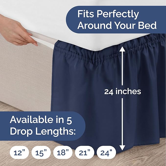 Wrap Around Dust Ruffle Bed Skirt - Navy Blue - for Full Size Beds with 24 Inch Drop - Elastic Strap - Adjustable Pleated Bedskirt with Brushed Fabric and Wrinkle Free - for Women, Men, Kids & Teens