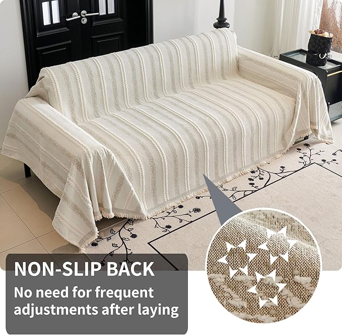 HAOMAIJIA Non Slip Couch Cover Sofa Covers for 3 Cushion Couch Washable sectional Couch Covers for Dogs pet Furniture Protector Couch Cover Blanket for Living Room (TM-Cream White, 71"x118")