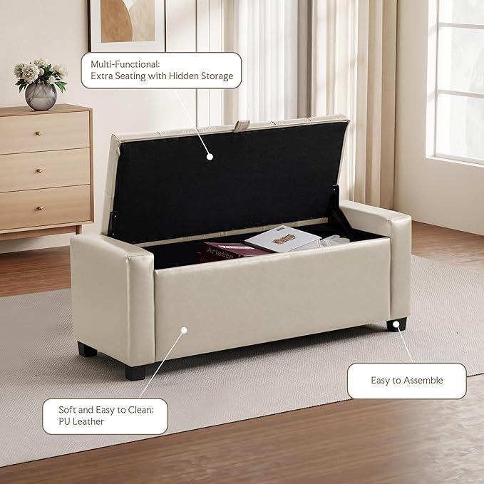 SUNWAVE Storage Ottoman Bench, PU Leather End of Bed Storage Bench with Button Tufted, Safety Hinge Lid, Large Ottoman for Bedroom, Living Room & Entryway