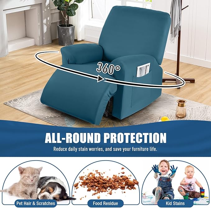 TAOCOCO Recliner Chair Covers 4-Pieces for Oversized Recliner, Stretch Recliner Cover for Large Chair Washable Polyester Soft Fabric Furniture Protector(Oversized Recliner, Turquoise Blue)