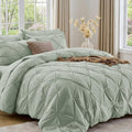 Sasttie Queen Comforter Set, 7-Piece Bed in a Bag, Pintuck Bedding Sets for All Season, Includes Comforter, Flat Sheet, Fitted Sheet, Pillowcases and Pillowshams, Sage Grey