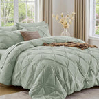 Sasttie Queen Comforter Set, 7-Piece Bed in a Bag, Pintuck Bedding Sets for All Season, Includes Comforter, Flat Sheet, Fitted Sheet, Pillowcases and Pillowshams, Sage Grey