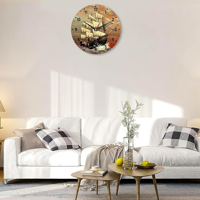 SPUNKER Clock for Bedroom,Vintage Ship Sailing Wall Clocks for Living Room Decor,Sea Ocean Kitchen Clocks Wall Battery Operated - 10 Inch Round Bathroom Wall Clock Silent Non-Ticking