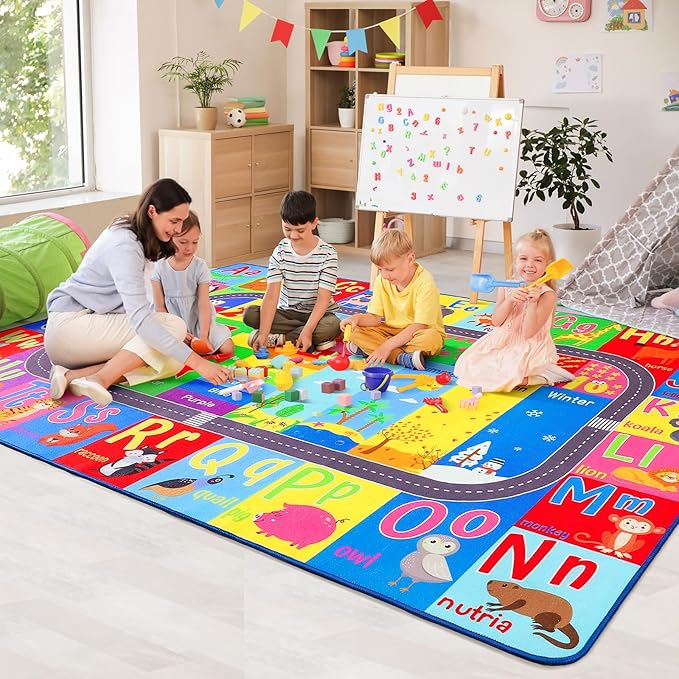 HOMORE Kids Rug, 10x14 Large Educational Rugs for Classroom Kids Collection ABC Rug for Learning Alphabet, Numbers, Colors, Season and Animal Words, Play Rugs for Playroom