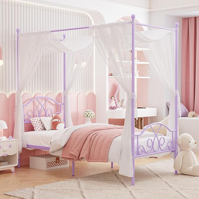 Weehom Princess Canopy Bed Frame with 4 Posters, Sturdy Metal Platform with Headboard&Footboard No Box Spring Needed Twin Size Bed for Kids Girls Adults,Purple